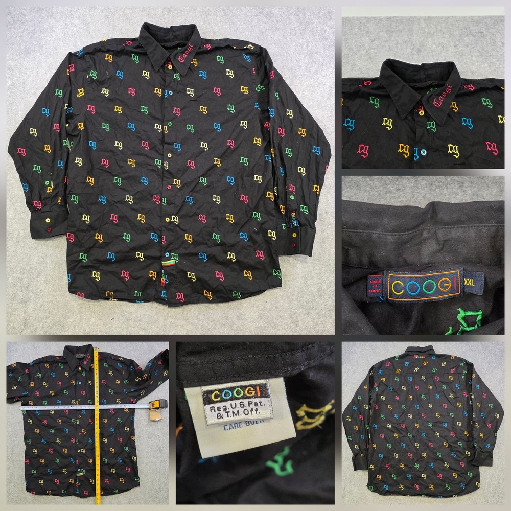 Coogi Shirt Mens 2XL Black Logo Embroidered Long Sleeve Button Up Casual Cotton